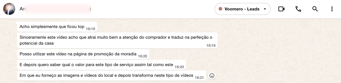 WhatsApp feedback in Portuguese praising the property video, asking to use it to promote the property, and asking about pricing.